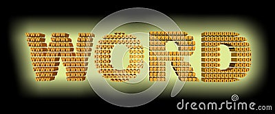 Yellowâ€™s glow 3D orange color wordâ€™s text made up of the letters w..o..r..d. on black background Stock Photo